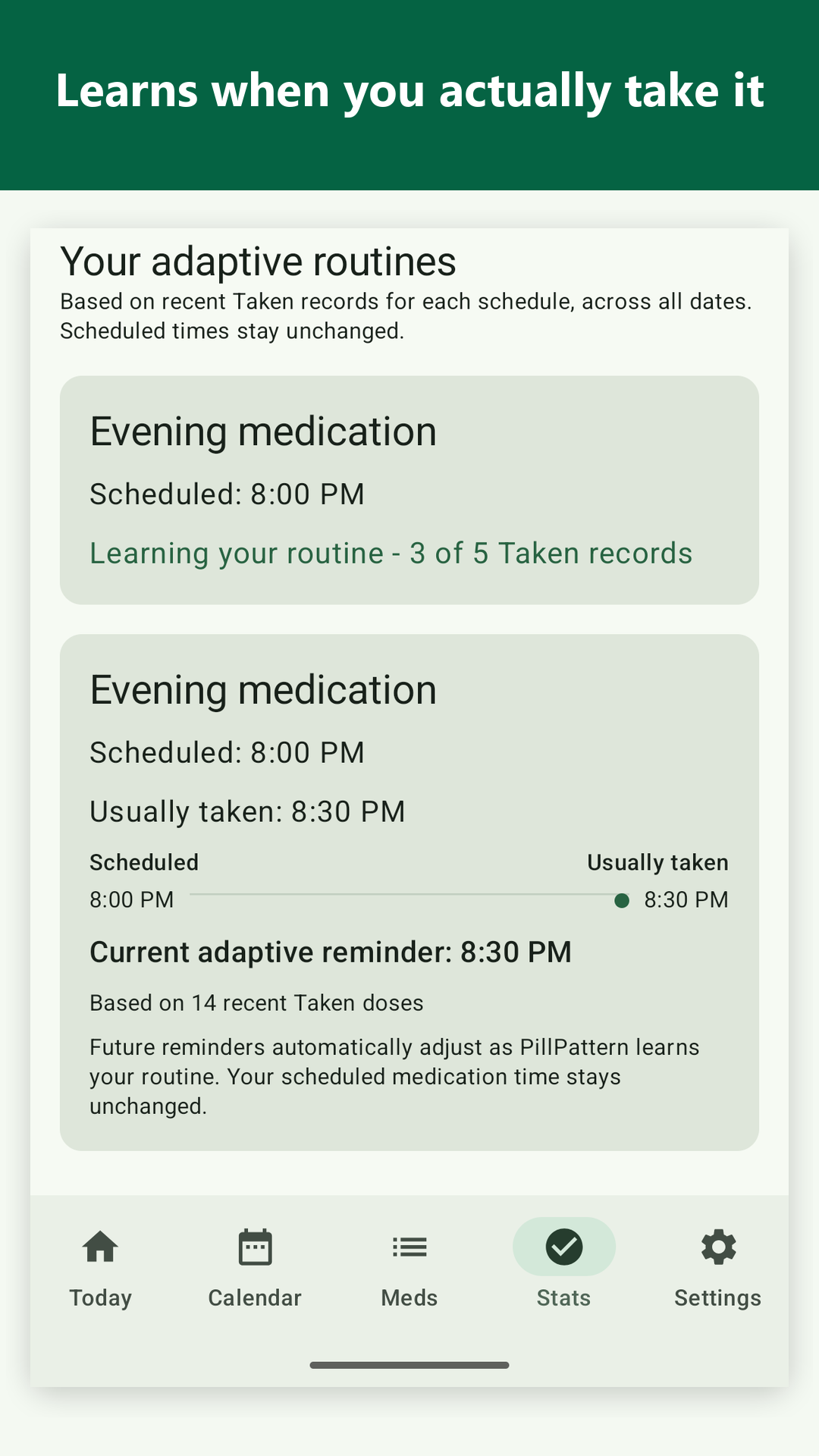 PillPattern adaptive reminder settings and routine insights.