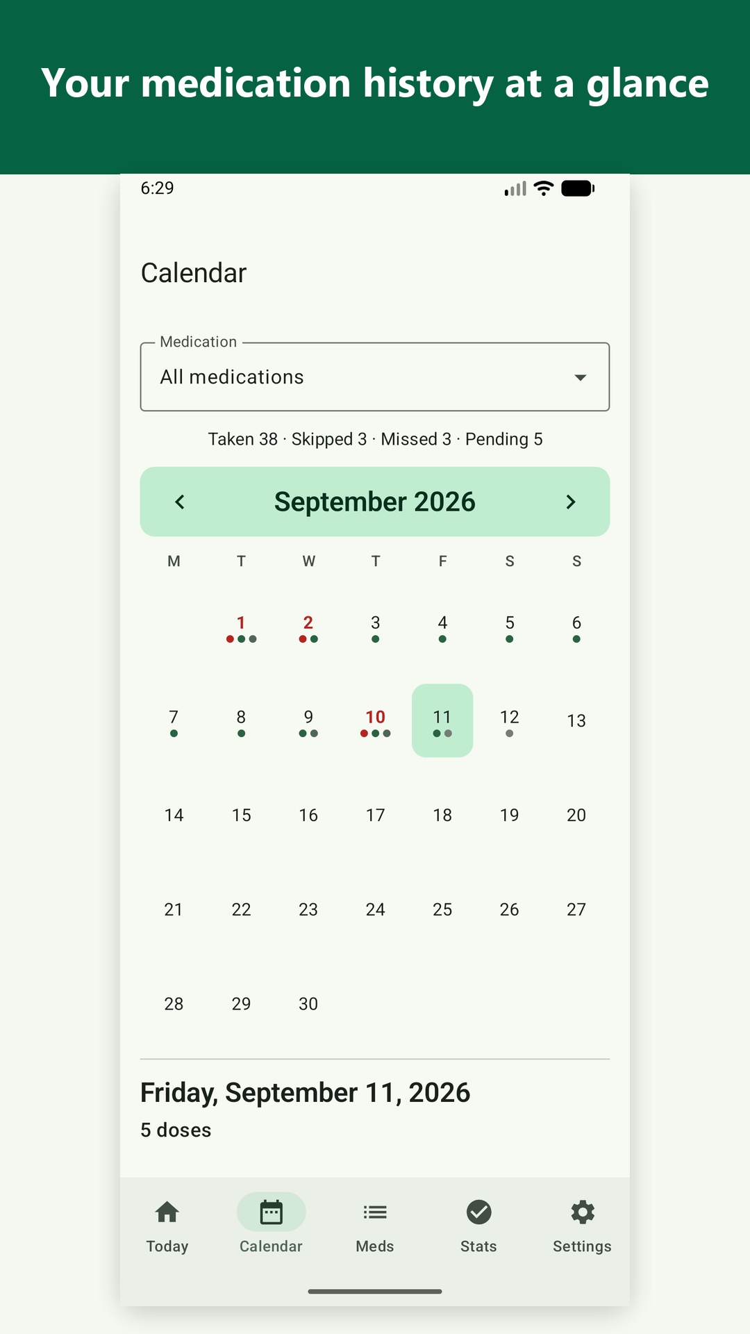 PillPattern Calendar showing medication dose history by date.