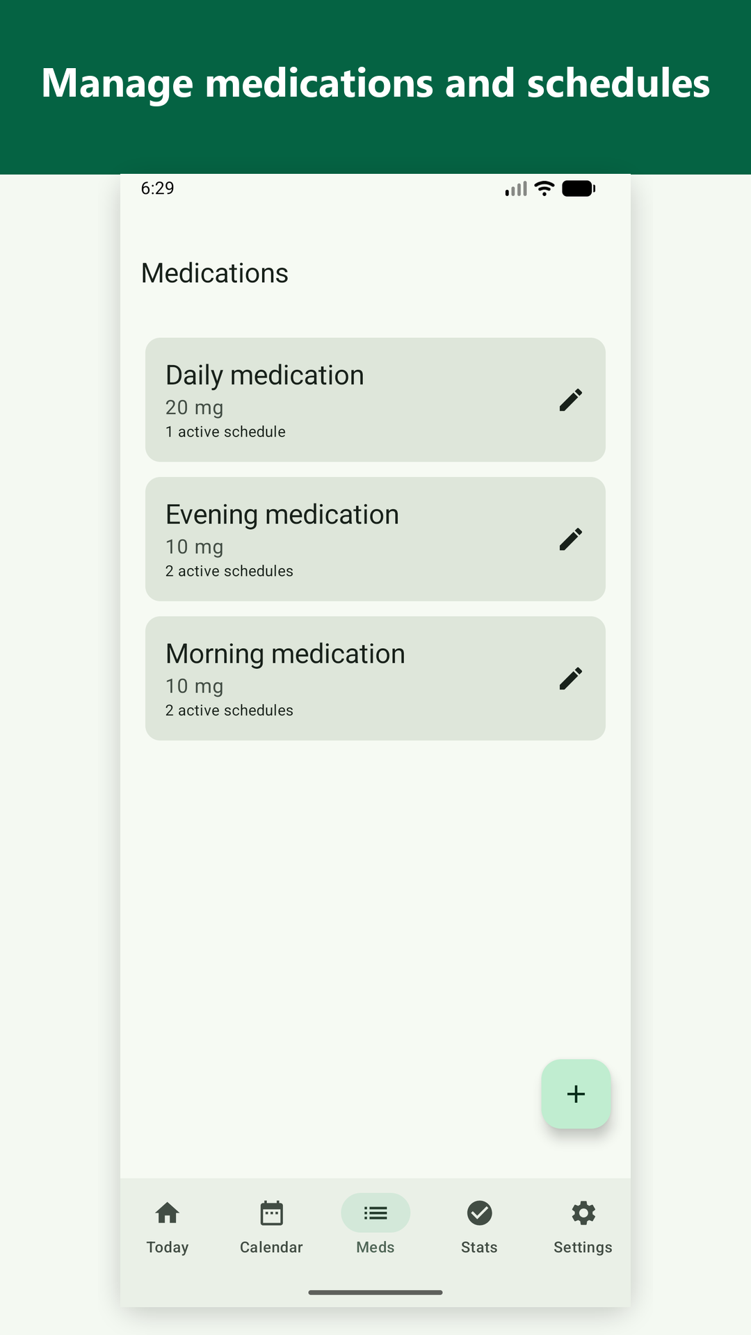 PillPattern medications screen for managing multiple medications and schedules.