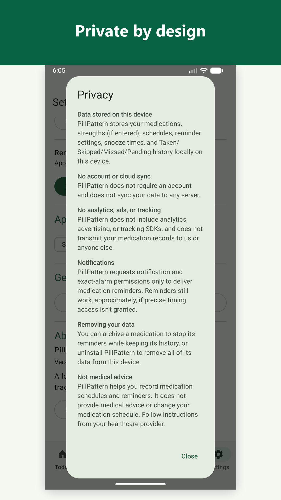 PillPattern privacy screen explaining local storage and the absence of ads or tracking.