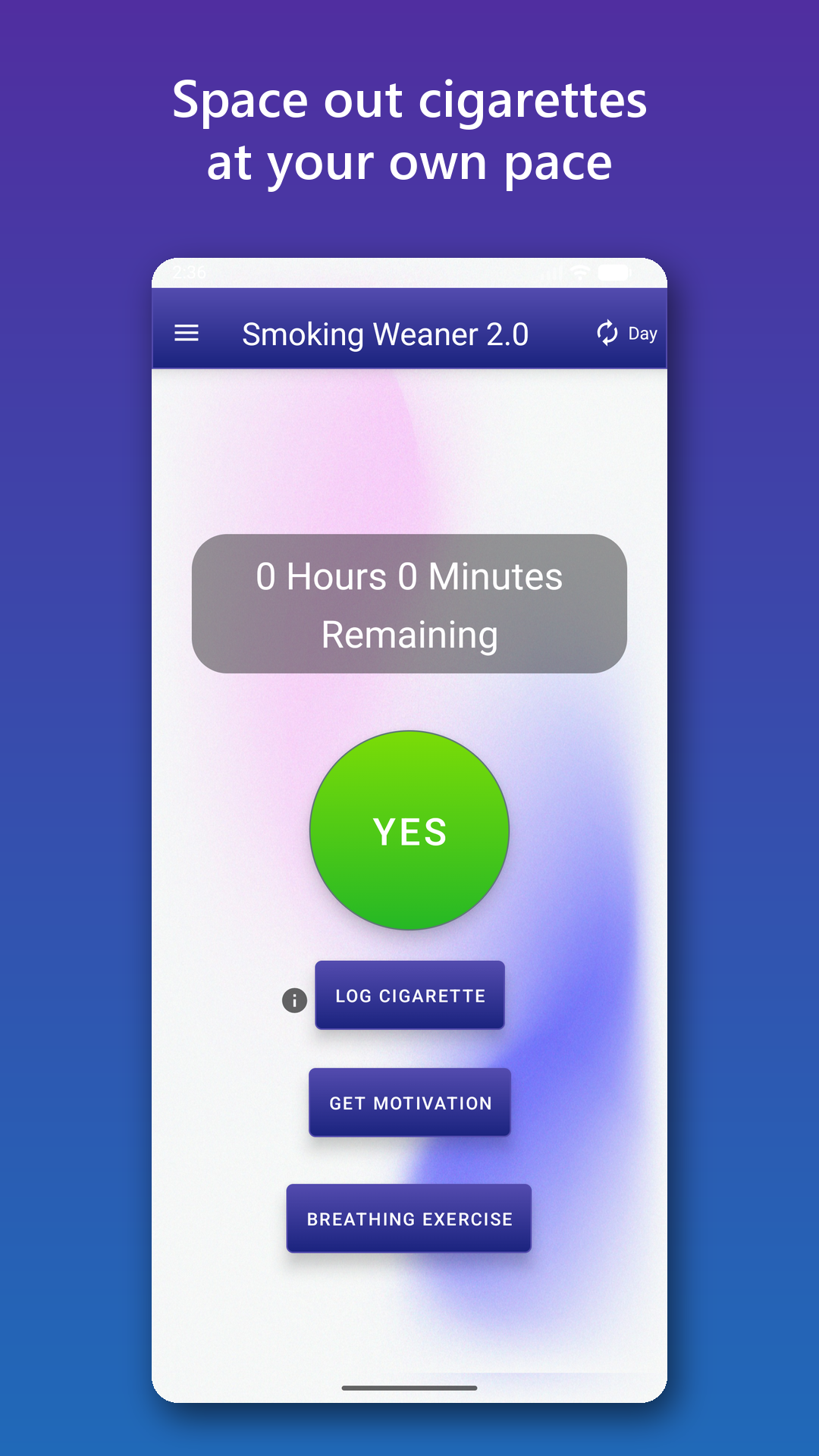 SmokingWeaner cigarette-spacing screen showing the next interval and daily progress.