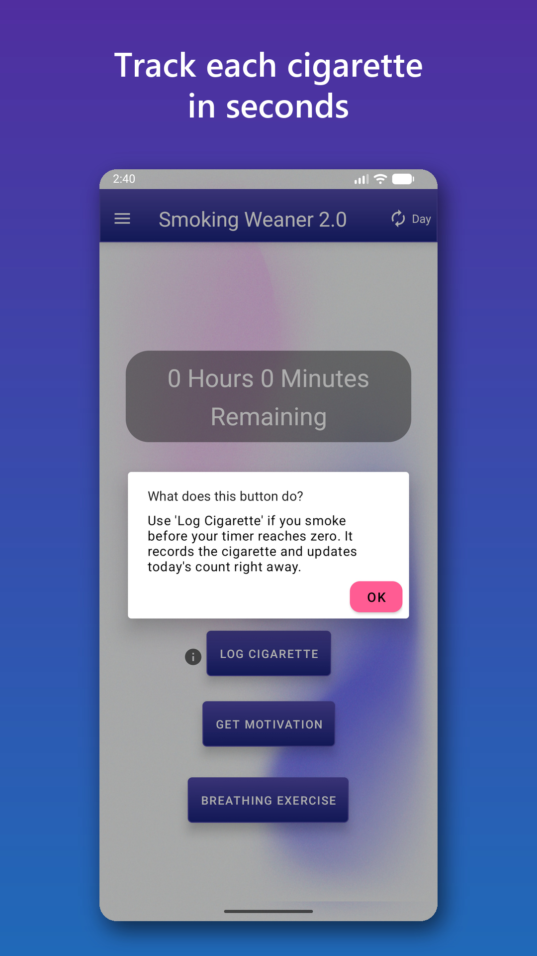 SmokingWeaner recent cigarette history and quick logging interface.