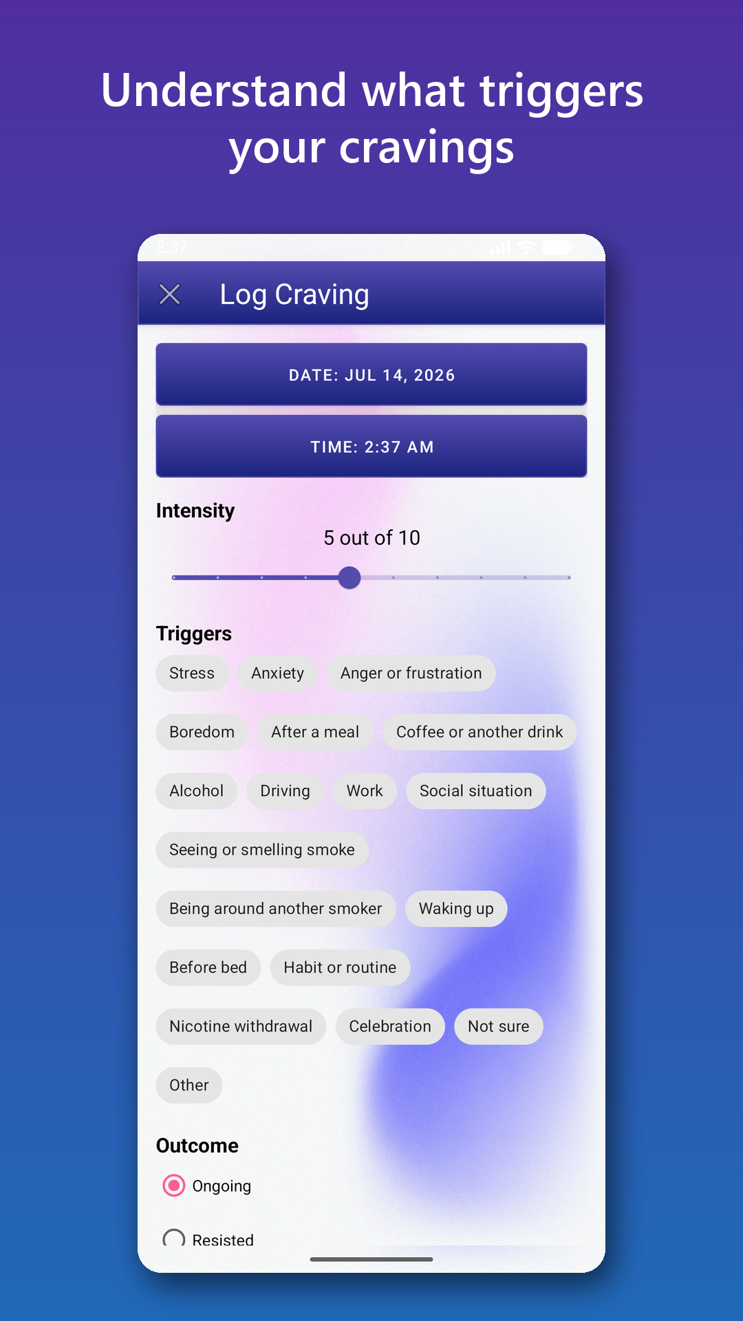 SmokingWeaner craving-entry screen with intensity, trigger, coping action, and outcome fields.