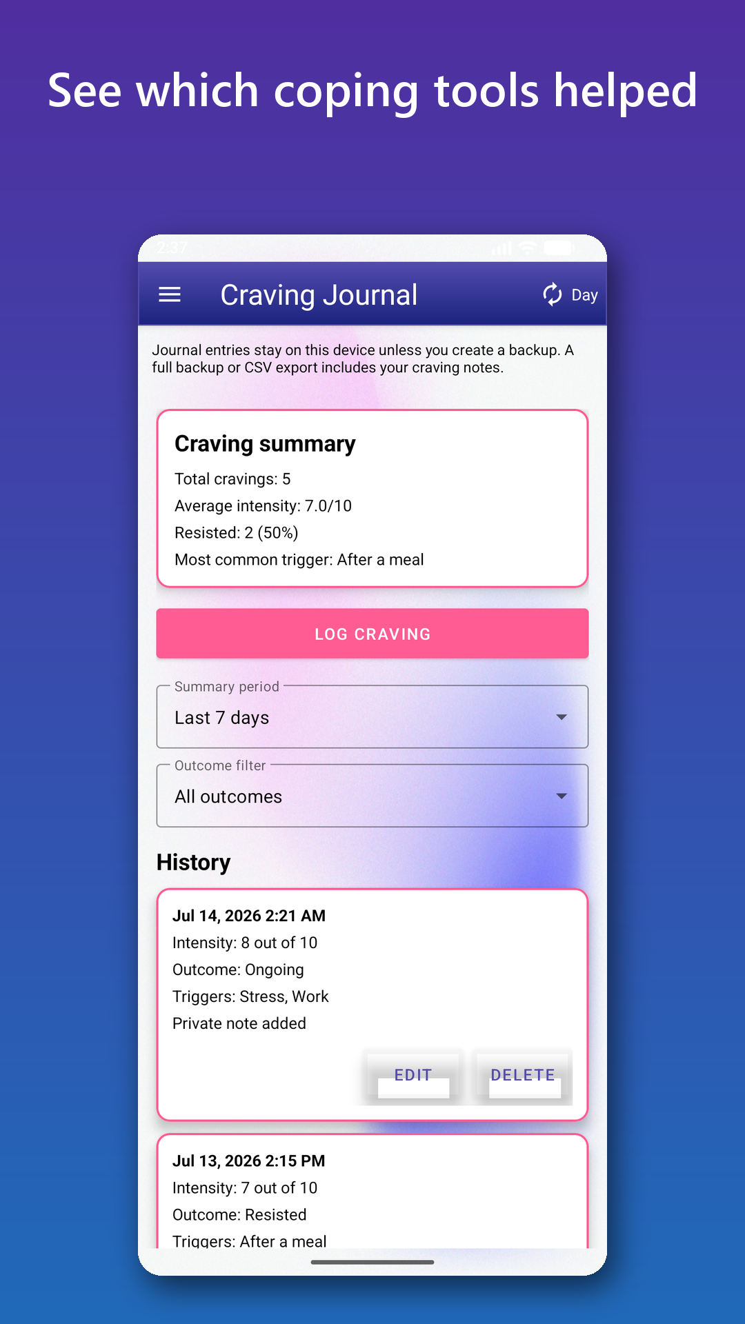 SmokingWeaner craving insights showing recorded triggers and coping outcomes.