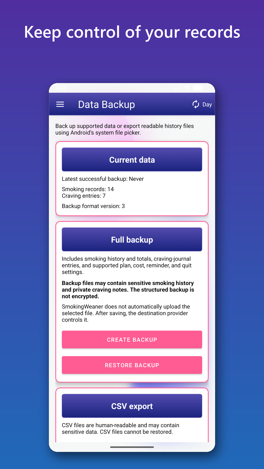 SmokingWeaner backup and CSV export options.