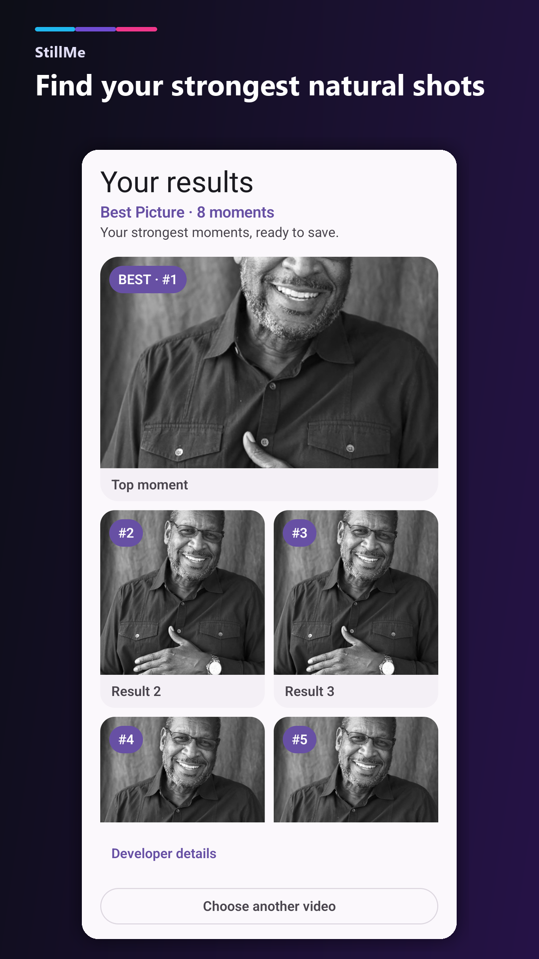 StillMe Best Picture results showing ranked frames from a video.