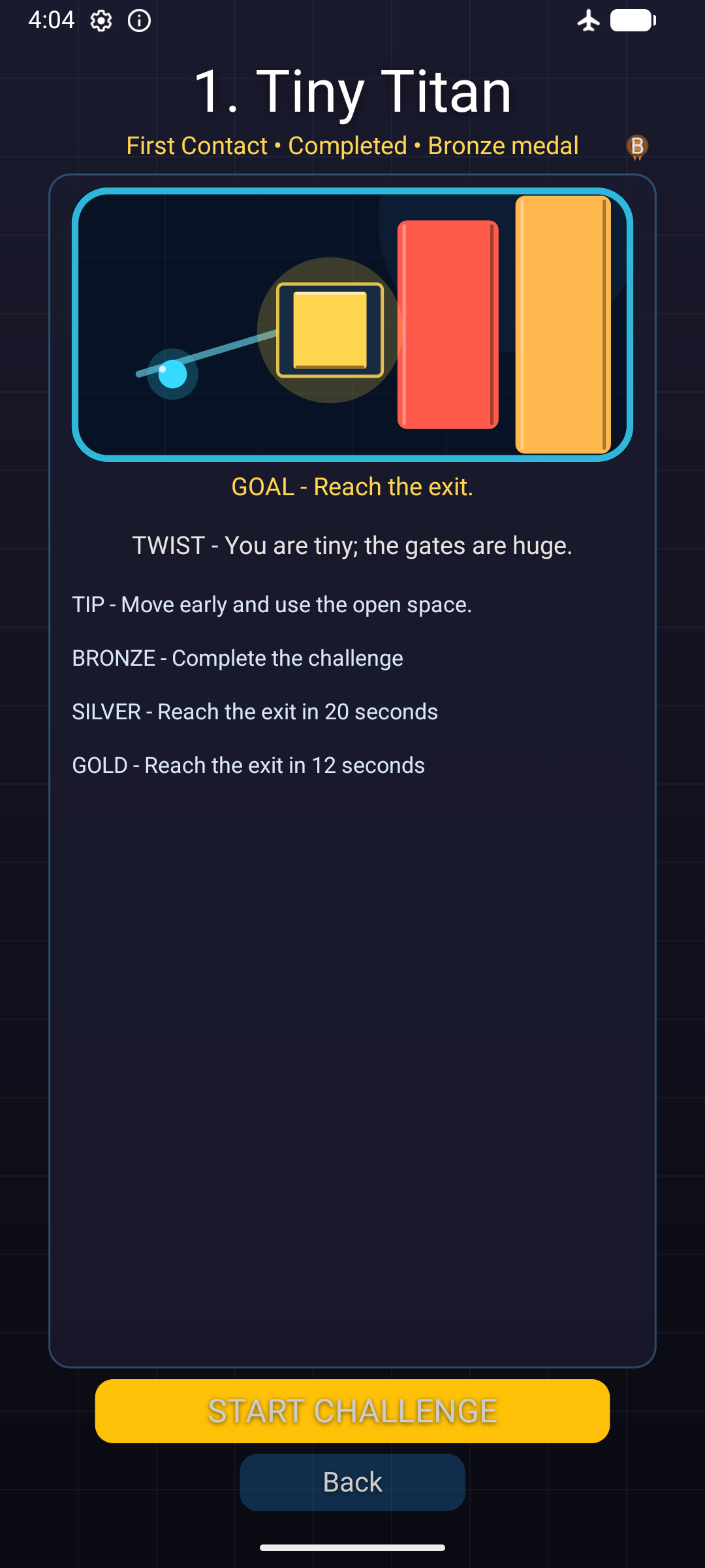Tiny Titan challenge briefing explaining its goal and medal conditions.