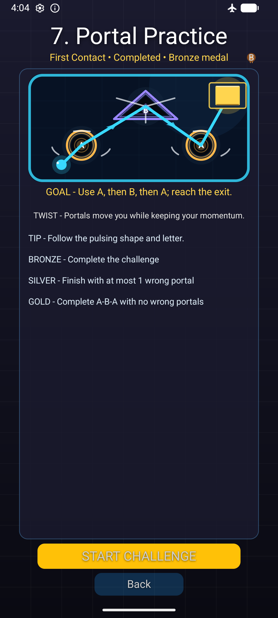 Portal Practice challenge briefing with portal artwork and objective instructions.