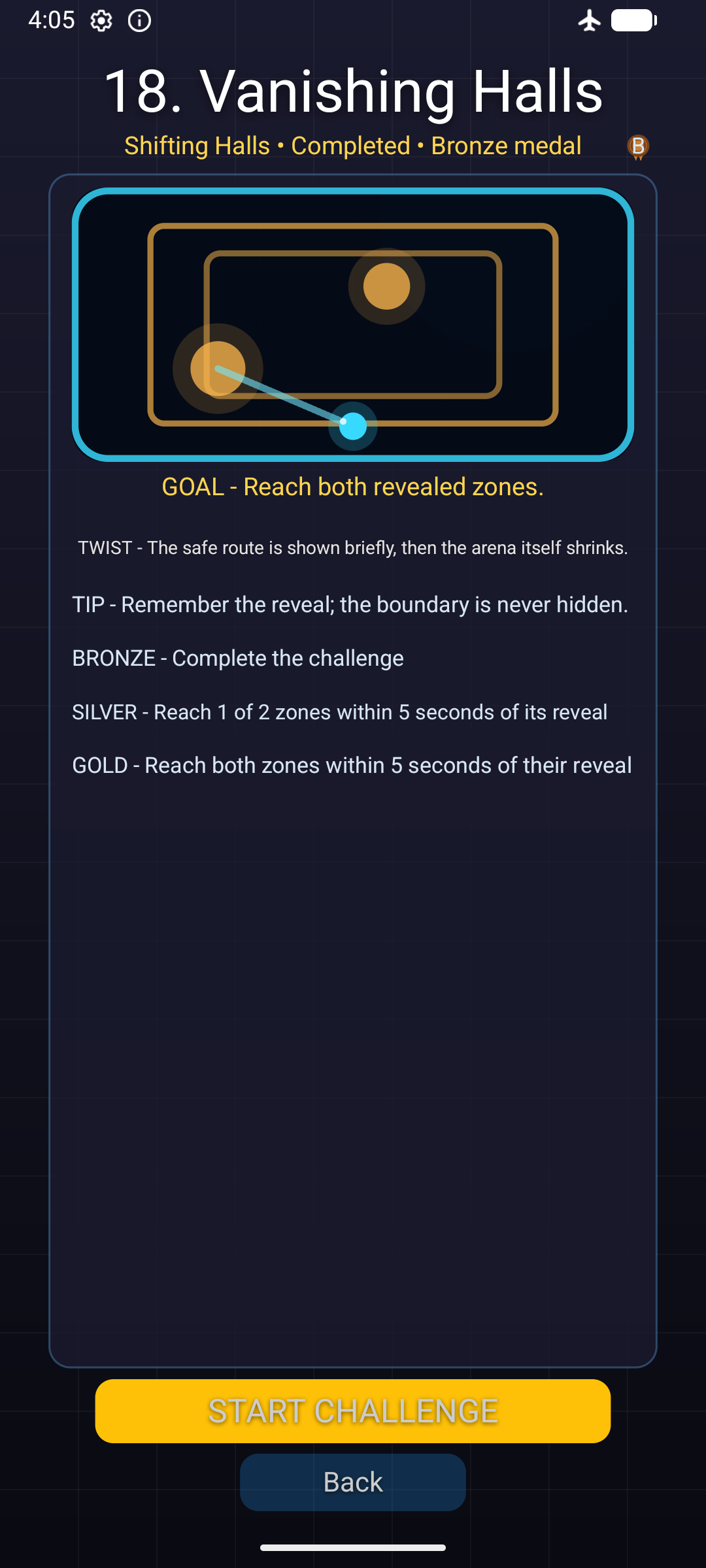 Vanishing Halls challenge briefing showing a maze-like objective.